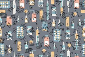 Seamless pattern of medical products, medicines, clothes, first aid kit in doodle style on background of medical illustrations in flat style. vector