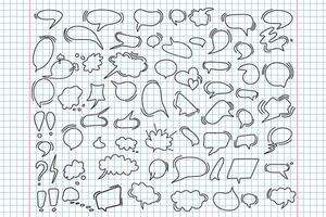 Huge set of dialog boxes, various options are hand drawn. Collection of speech bubbles for conversation, dialogue, doodle style design on a checkered background vector
