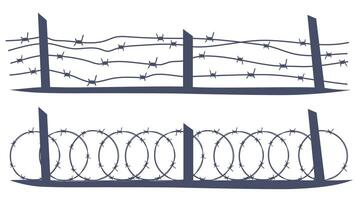 Barbed wire border elements, sharply barb wire fencing. Prison barbed wire. Twisted steel protective barrier with spikes. Design for military, secure object, prison. illustration. vector