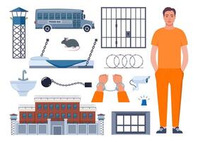 Prison set of elements. Observation tower, bed, prisoner, window, prison bars, toilet bowl, sink, jail cell, rat, barbed wire, hands in handcuffs, security camera. Penitentiary system icons. . vector