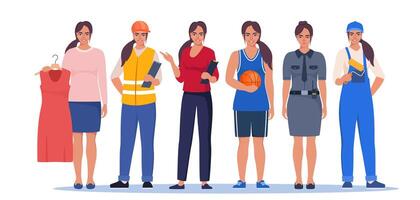 Job and professions. Women in uniforms, different occupation, work. Same woman character in different occupations. illustration. vector