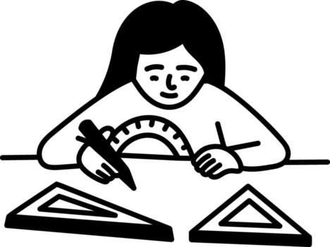A hand drawn icon of a character measuring angle with protractor vector