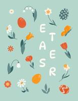 Background with spring flowers and Easter eggs. vector