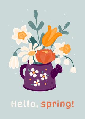 Bouquet of wild and garden flowers in watering can.