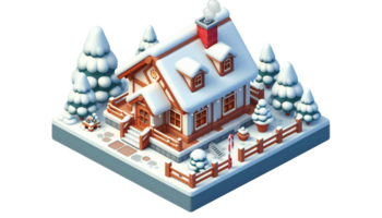 Isometric of Winter House with Snowy Trees. png