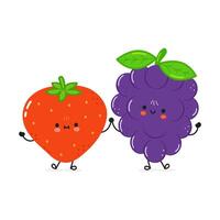 Mango and Strawberry card. hand drawn doodle style cartoon character illustration icon design. Happy Mango and Strawberry friends concept card vector