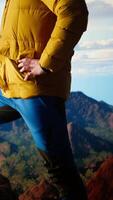 Vertical Hiker pauses to admire the panoramic mountain scenery on the hill top, endless sky and rugged peaks creating a breathtaking backdrop for mental clarity. Adventure seeker. Camera A. video