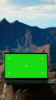 Vertical Pristine national park landscape with rocky ledges and copy space screen, forested peaks. This adventure destination is perfect for exploration, and reconnecting with nature in a majestic setting. video