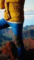Vertical Determined climber gazes at the sky and rocky mountain tops, reflecting on the resilience and ambition needed to push beyond limits. Breathtaking skyline view inspires adventure. Camera A. video