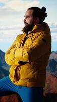 Vertical Thrilled adventurer celebrates reaching the mountain summit, embodying the spirit of determination and endurance. Hiker enjoying panoramic landscape of a mountain range. Camera A. video