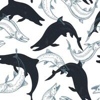 Pike fish seamless pattern in black and white . Hand drawn predatory fish with sharp teeth vintage engraving style. Repeating aquatic design for packaging, fabric, wrapping paper, marine decor. vector