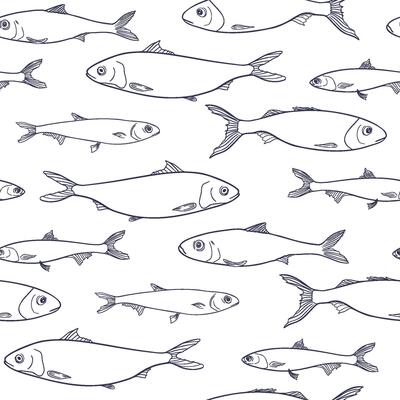 Anchovies black white seamless pattern isolated. Sea fishes contour hand drawn on monochrome repeated background. Silhouette Sardines, herring fish line art for design packaging, textile.