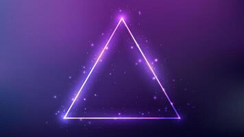 Neon triangle frame with shining effects and sparkles on dark purple background. Empty glowing techno backdrop. illustration vector