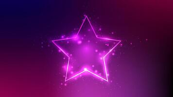 Neon frame in star form with shining effects and sparkles on dark purple background. Empty glowing techno backdrop. illustration vector