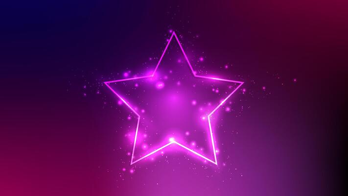 Neon frame in star form with shining effects and sparkles on dark purple background. Empty glowing techno backdrop. illustration