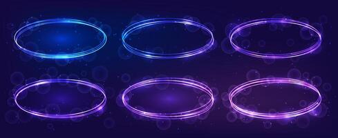 Set of neon oval frames with shining effects and sparkles on dark background. Empty glowing techno backdrop. illustration vector