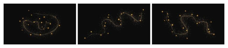 Gold glittering confetti wave and stardust. Set of three with golden magical sparkles on dark background. illustration vector