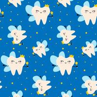 seamless pattern with cute tooth fairy cartoon character in crown holding magic wand on blue background vector