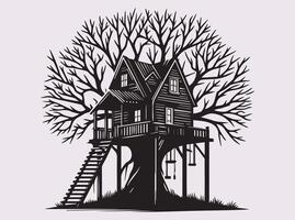 Bold Black Tree House in Branches Silhouette for Adventure and Cozy Art Concepts vector