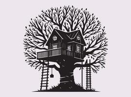 Elegant Black Tree House Silhouette in Branches for Creative and Rustic Design Projects vector