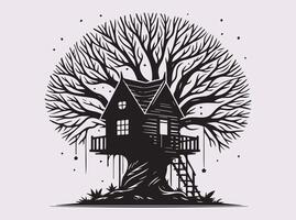 Creative Black Tree House Silhouette in Branches for Rustic and Adventurous Designs vector