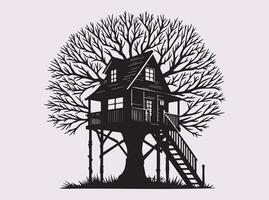 Elegant Black Silhouette of Tree House in Branches for Nature and Fantasy Art vector