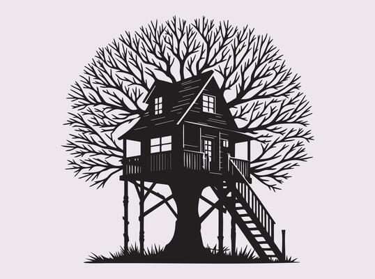 Elegant Black Silhouette of Tree House in Branches for Nature and Fantasy Art