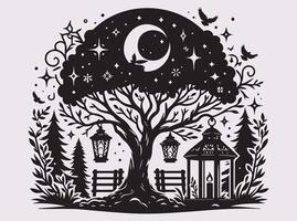 Solid Black Tree with Lantern Night Scene Silhouette for Deep Reflection and Calm vector