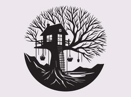 Black Tree House in Branches Silhouette for Unique and Artistic Design Ideas vector