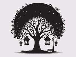 Black Silhouette of Lantern and Tree Night Scene for Tranquil Artistic Expression vector