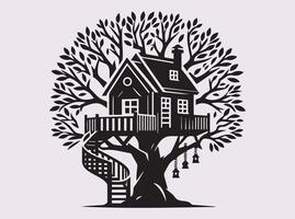 Black Color Tree House Silhouette in Branches for Illustrations and Nature Inspired Works vector