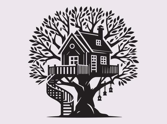 Black Color Tree House Silhouette in Branches for Illustrations and Nature Inspired Works