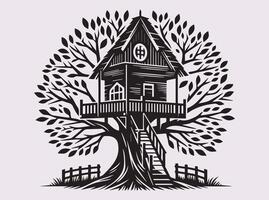 Solid Black Color Tree House in Branches Silhouette for Artistic and Creative Design Projects vector
