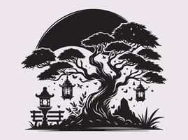 Black Color Tree with Lantern Night Silhouette for a Serene and Dreamy Scene vector