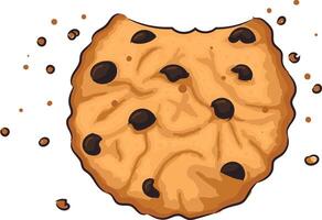 Hand drawn bitten cookie with chocolate drops and crumbs vector