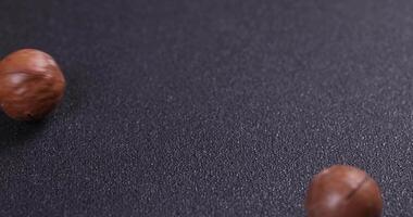 Macadamia nuts rolling on dark textured surface video