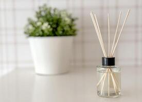 A small vase with a plant in it sits on a table. photo