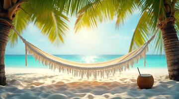 Tropical Paradise Beach Hammock Between Palm Trees with Fresh Coconut Refreshment photo