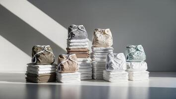 Eco-Friendly Cloth Diaper Collection Arranged in Minimal Neutral Earth Tone Stacks photo