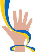 Support Ukraine. Raised hand with blue and yellow ribbon wrapped around it, isolated on transparent background. Stand with Ukraine. illustration symbolizing support and solidarity with Ukraine. vector