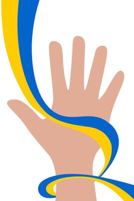 Support Ukraine. Raised hand with blue and yellow ribbon wrapped around it, isolated on transparent background. Stand with Ukraine. illustration symbolizing support and solidarity with Ukraine.