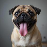 cute pug with a lolling tongue that looks funny and friendly. His expressive gaze and playful mood cheer up everyone around him. photo