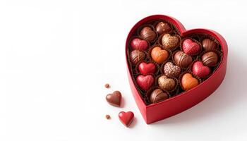 A box of heart-shaped chocolates. Red box, white background. Place for the text photo
