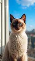 Siamese cat with bright blue eyes sits by the window. His well-groomed coat contrasts with the black mask on his muzzle, creating a spectacular image. photo