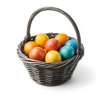 basket full of colorful Easter eggs. Each egg is unique, and their colorful patterns create a cheerful and festive mood, symbolizing the joy of spring. photo