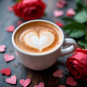 A white cup of coffee with a heart-shaped foam on top. A wooden table with paper hearts and a rose. photo