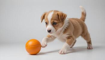 cute puppy who happily holds a colorful ball with his paws. He looks playful and happy, on a white background photo