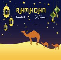 ramadan kareem greeting card with camels and lanterns vector