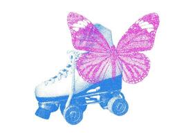 Roller skate with butterfly wings in halftone effect. Blue and pink duotone illustration on white background vector