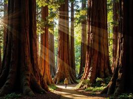 A person walking through a forest with sunbeams shining through the trees photo